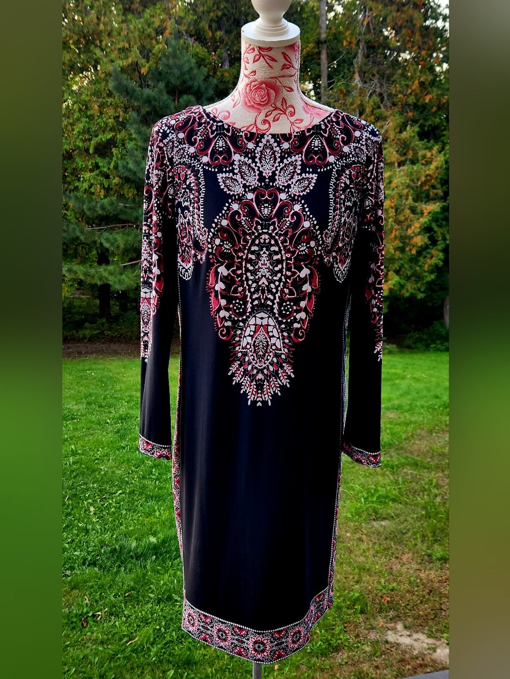 Black & Pink Paisley-Print Long Sleeve Women's Dress